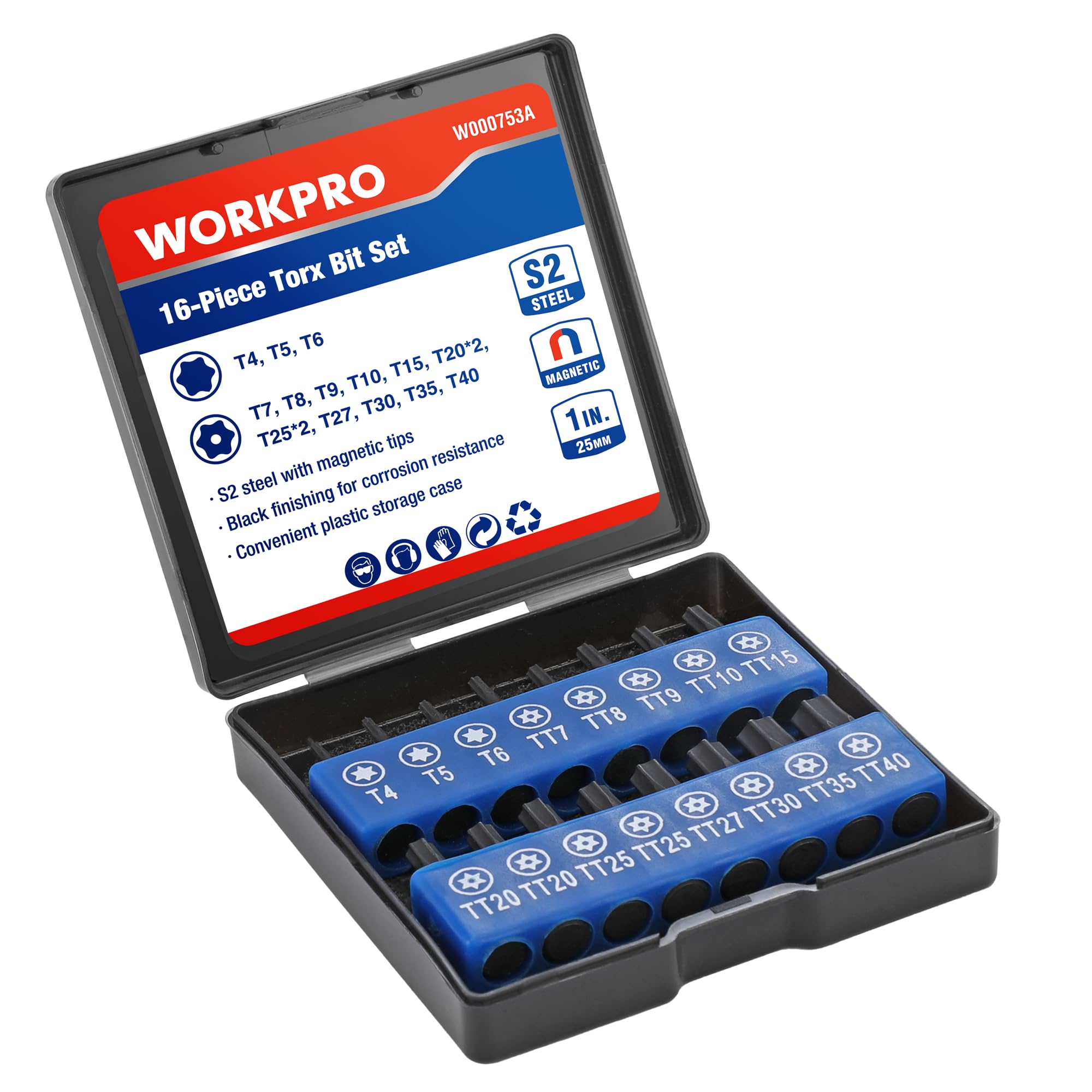 WORKPRO Security Torx Bit Set 16 pcs, Tamper Proof S2 Steel Star Bit Set, 1/4-inch Hex Shank, Screwdriver bit with Magnetic Tips in Storage Box for DIY, Car Repairs