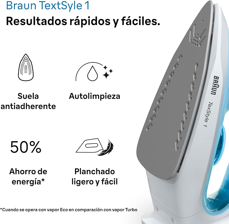 Ferro a vapor TexStyle 1 SI1029BL com sola antiaderente, Steam Shot 120g/min, Sistema Descalcificador, Pulverizador, Aquecimento Rápido (35s), Modo Eco, 220ml, 1900W, Azul Claro