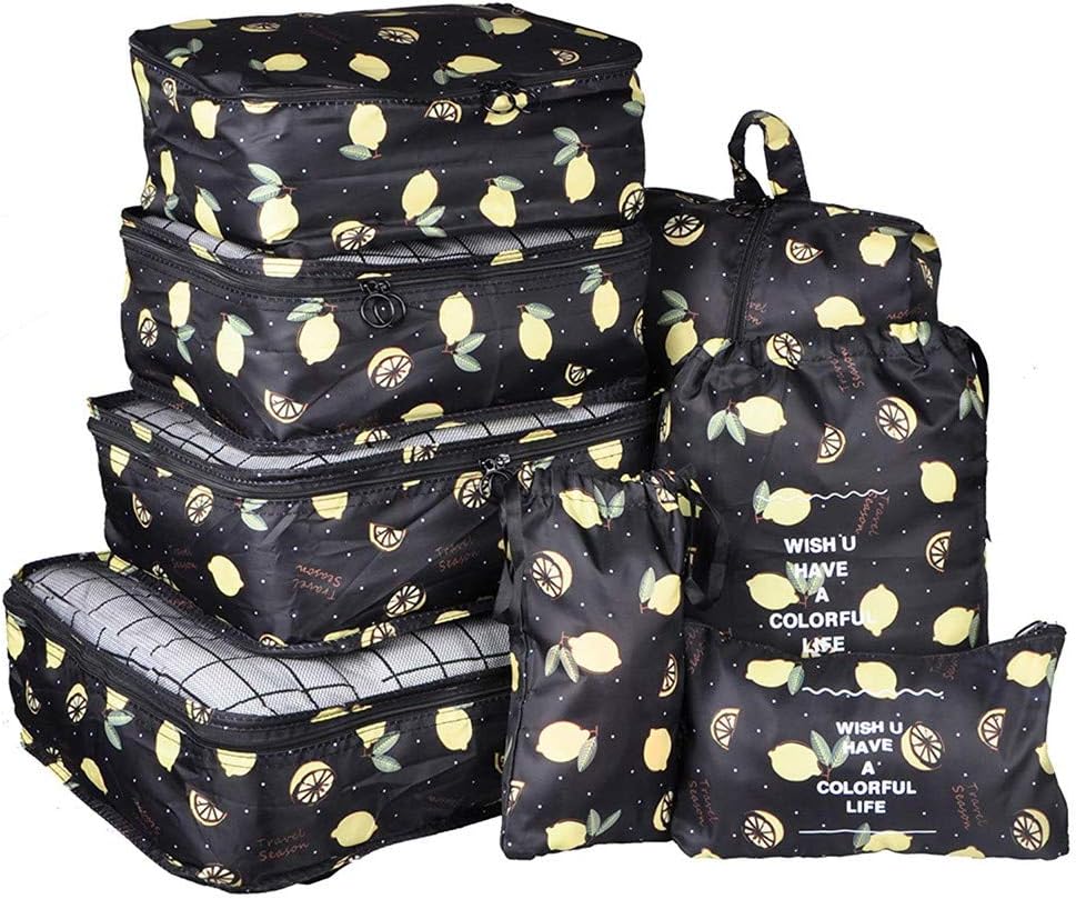 7Pcs Waterproof Travel Storage Bags Clothes Packing Cube Luggage Organizer Pouch (8Black lemon)