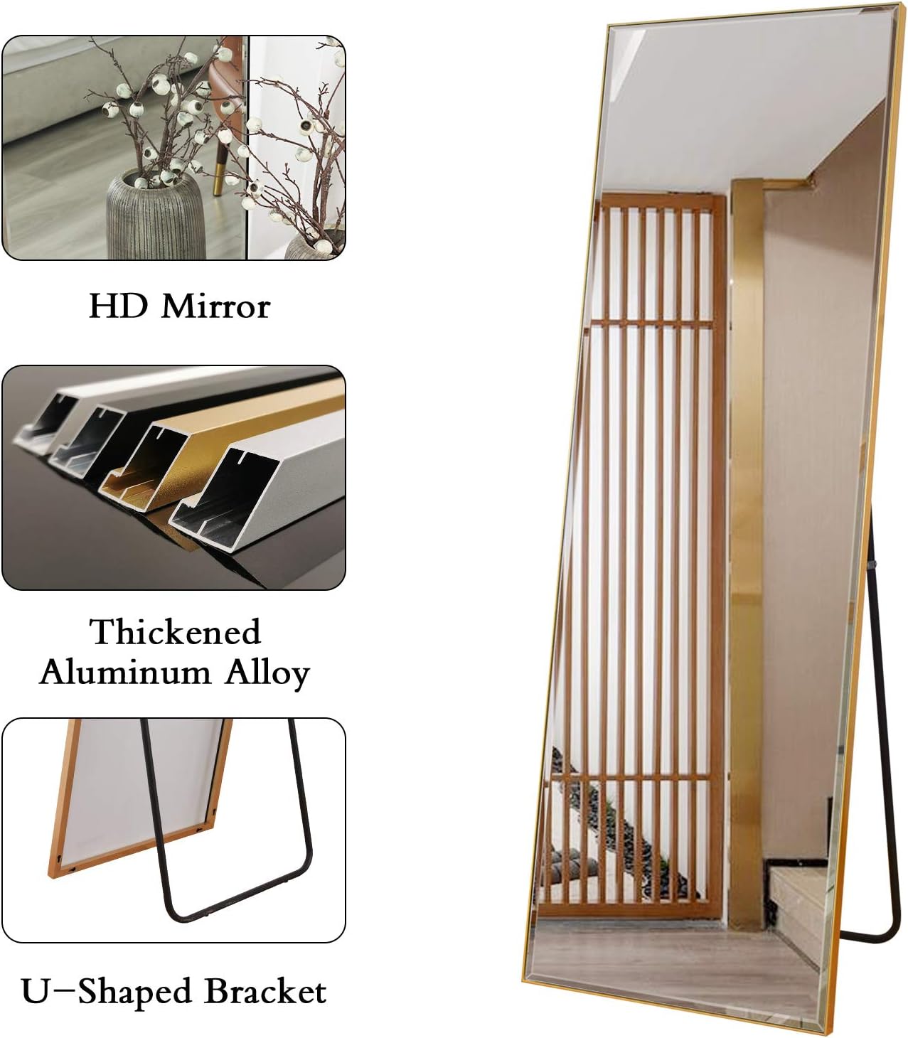BEAUTYPEAK Full Length Mirror 21" x 64" Body Dressing Standing Hanging or Leaning Against Rectangle Floor Wall Mirrors Aluminum Alloy Wall-Mounted for Bedroom Bathroom Dorm Wall Decor, Gold: Kitchen & Dining