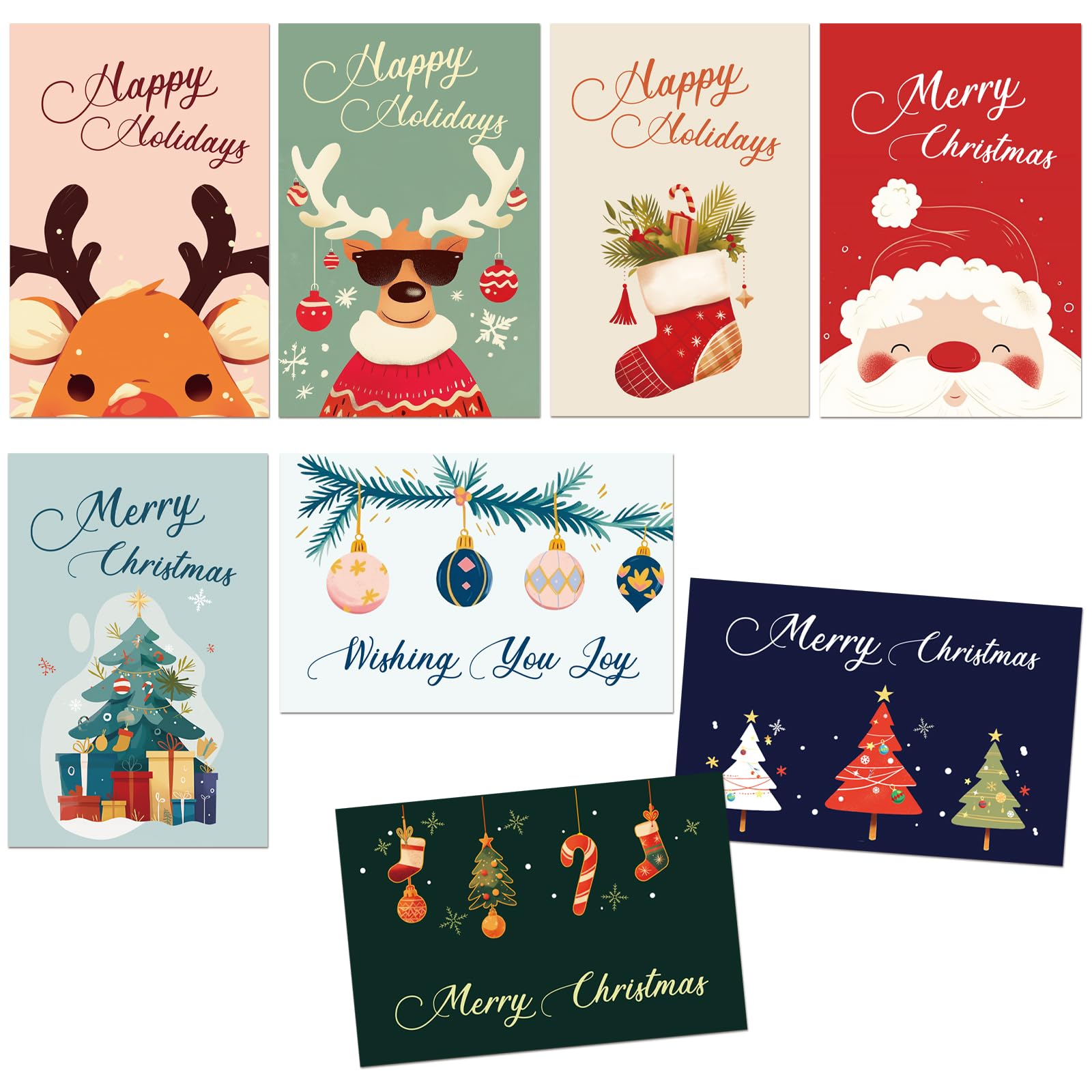 Photo 1 of ++2 PACK++24 Pack Christmas Cards with Envelopes & Stickers, 4x6 Inch, Cute & Colorful Holiday Greeting Cards, 8 Assorted Designs with Christmas Messages – Fun Xmas Card Set for Kids, Family, Friends & Party Gifts