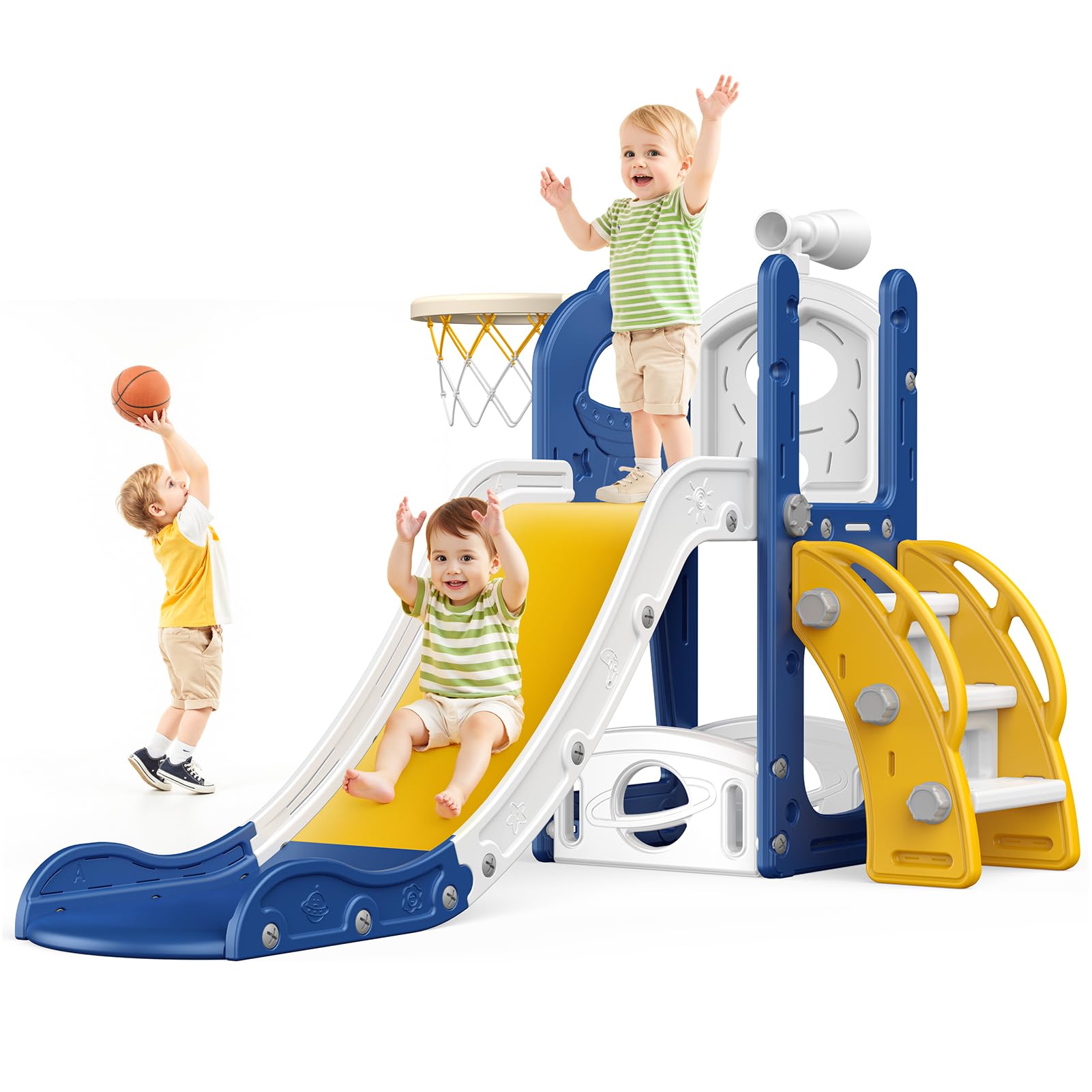 Naxudcoo Kids Slide: Large Toddler Slide With Basketball Hoop, Blue Slides For Toddlers Age 1-3 Toddler Climber Slides Playset With Storage Space, Indoor Outdoor Toy For Toddlers 1-3 Years