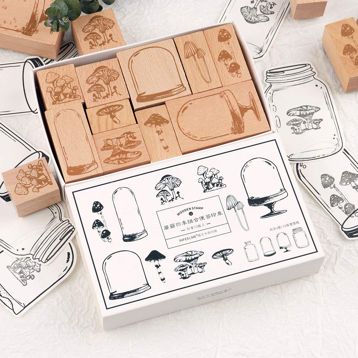 RisyPisy Wooden Rubber Stamp Set, 10pcs Decorative Rubber Stamps with Mushroom & Specimen Bottle Printed & 12 Sheets Jar Shape Card for Card Making, DIY Craft, Stationery Scrapbooking, Diary Décor