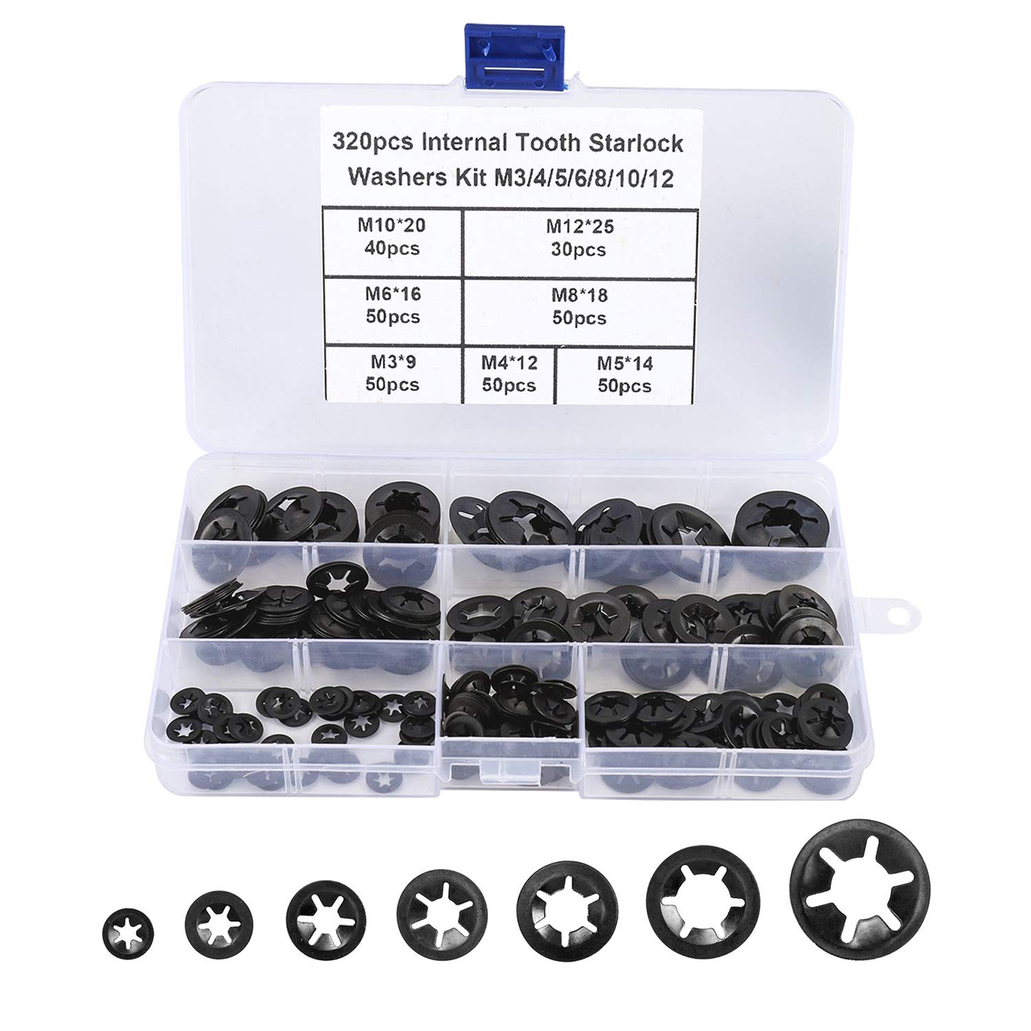 FandWay 7 Sizes 320PCS Internal Tooth Starlock Washers, Quick Speed Locking Washers, Push On Speed Clips Fasteners Assortment Kit,65Mn Black Oxide Finish