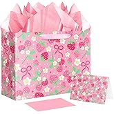 Jaywayang 12.6" Strawberry Gift Bag with Tissue Paper and Card, Pink Birthday Gift Bag for Girls Kids Birthday, Baby Shower Party Supplies.