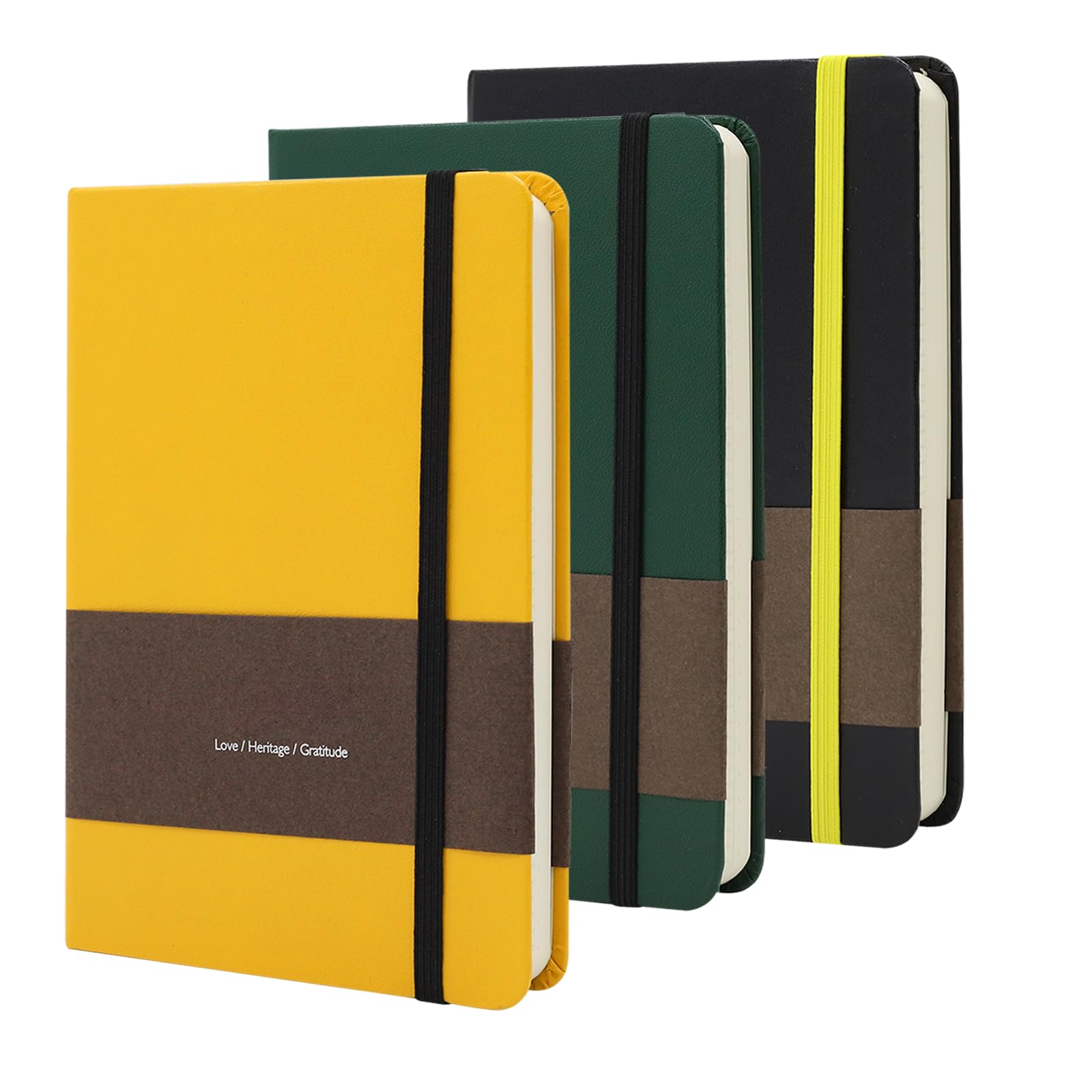 TUNJILOOL 3-Pack A6 Notebook Set - Black/Yellow/Green Hardcover Journals, 192 Pages 100GSM (Dotted, Grid, Blank), Elastic Band & Pocket for Writing, Sketching