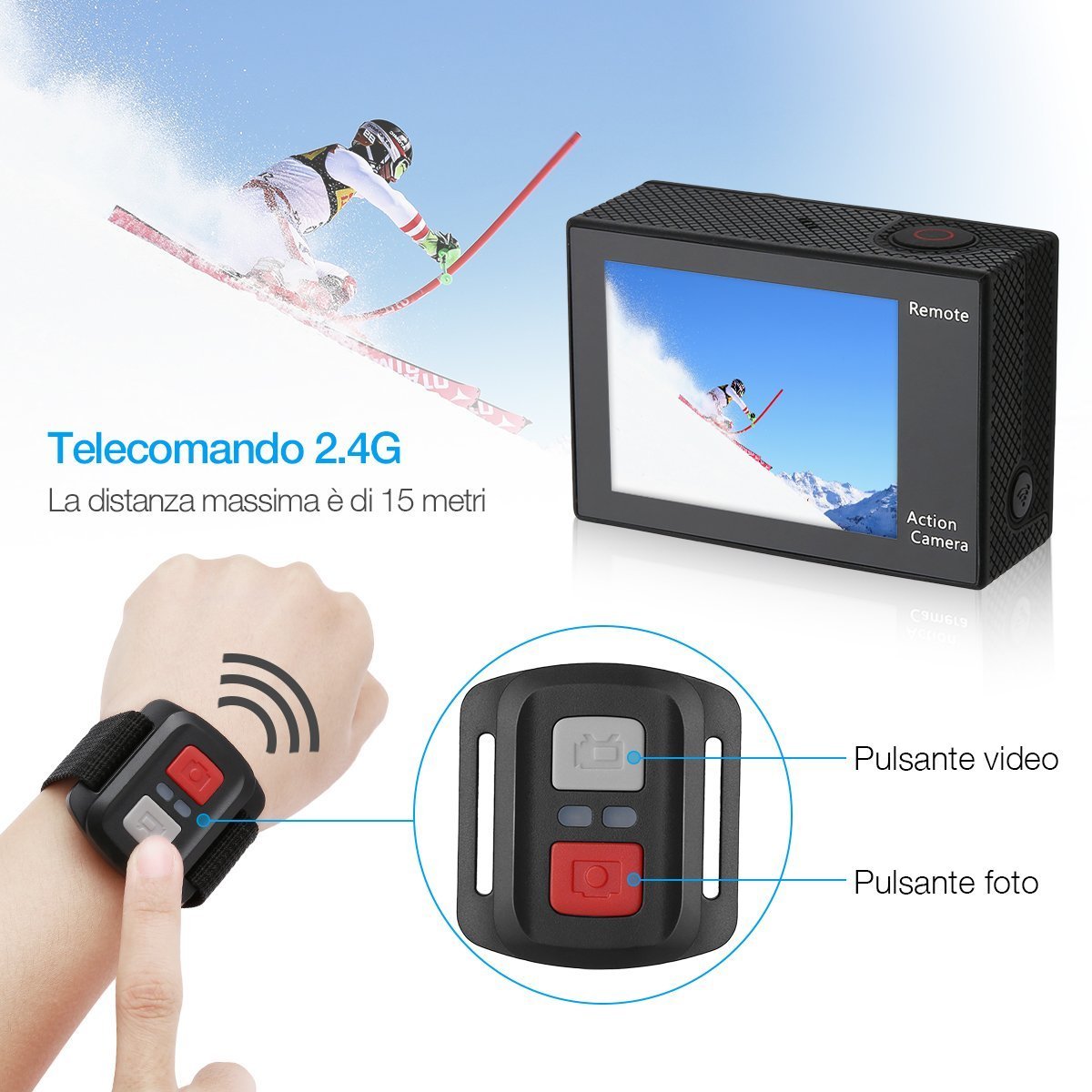 Powerextra Action Cam WIFI 4K, Action Camera Sport Kit | Videocamera 1080P HD | 170°Grandangolare | Custodia Impermeabile 30M | Macchina Fotografica per Subacquea Nuoto