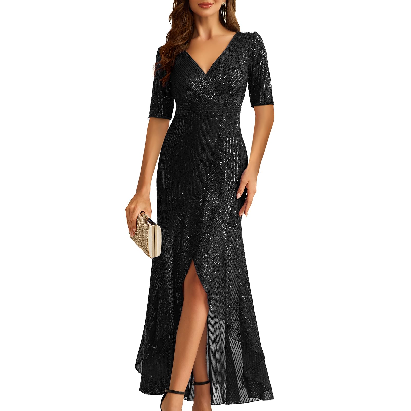 Photo 1 of COOAN Women's Long Sequin Formal Dresses Short Sleeve Cocktail Wedding Guest Dresses Elegant V Neck Party Gowns
