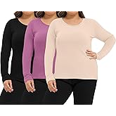 Patelai 3 Pack Women Plus Size Long Sleeve Thermal Shirts Undershirt Fleece Lined Underwear Top Women Crew Neck Base Layer