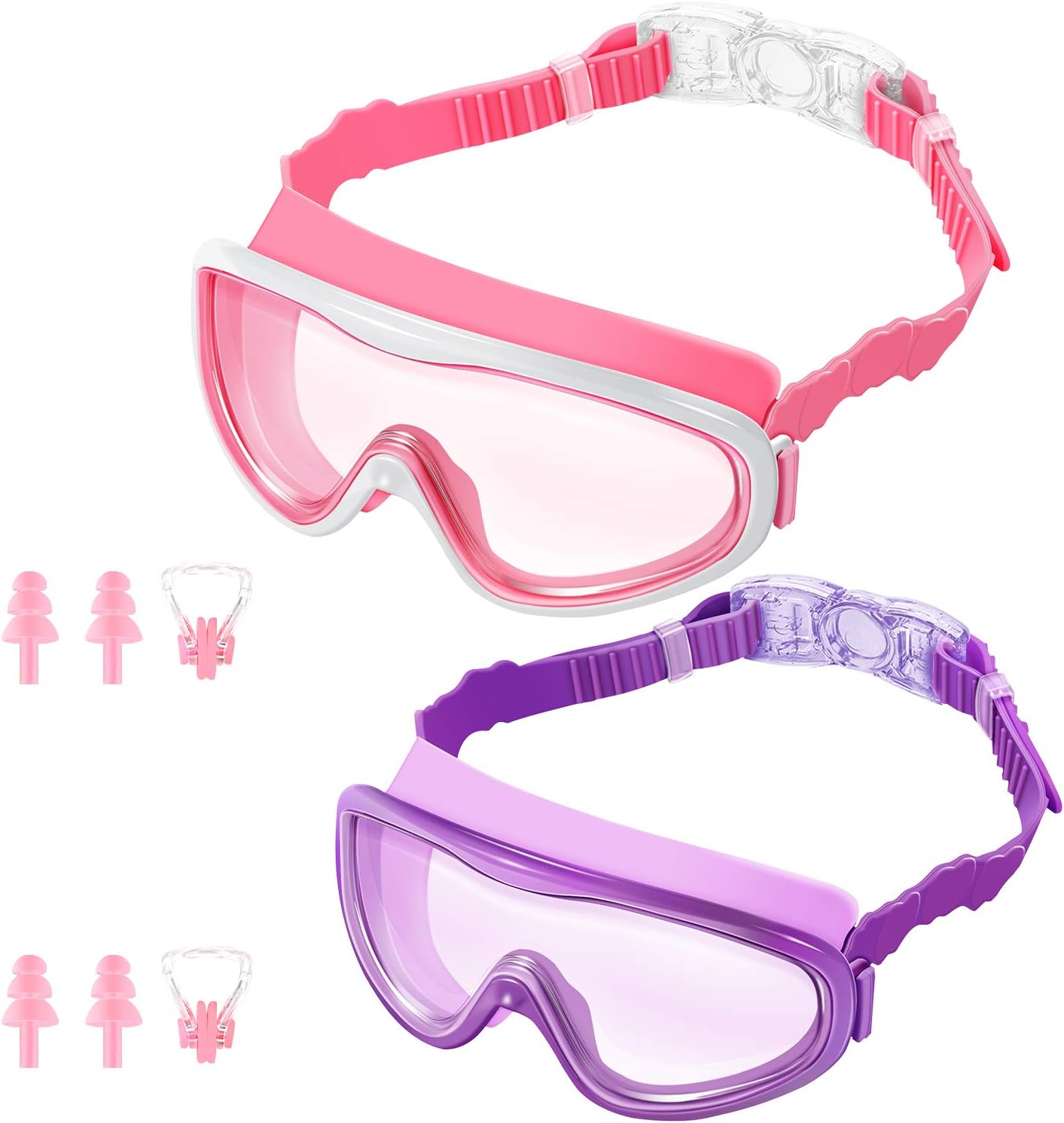 KNGUVTH Kids Swim Goggles, Pack of 2 No Leaking Swimming Goggles Anti-Fog UV Protection Crystal Clear Wide Vision Swim Glasses with Nose Clips + Ear Plugs for Children Early Teens (Pink & Purple)