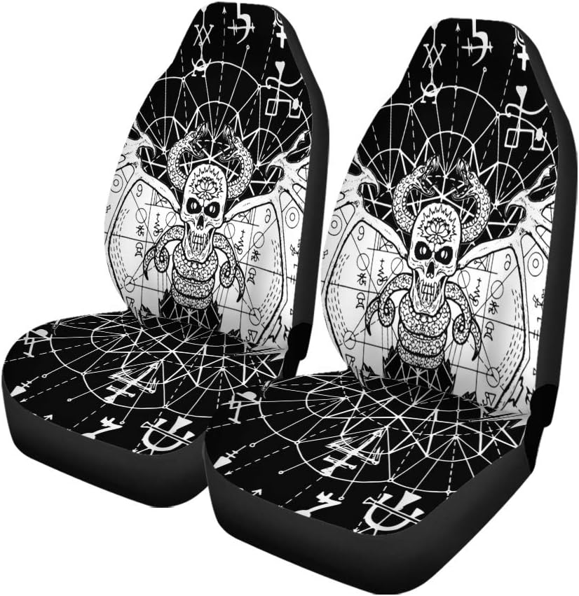 Semtomn Set of 2 Car Seat Covers Evil Demon and Mystic Geometric Symbols on Black Esoteric Universal Auto Front Seats Protector Fits for Car,SUV Sedan,Truck