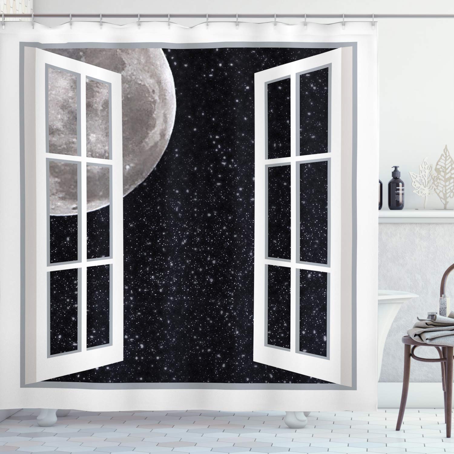 ABAKUHAUS Outer Space Shower Curtain, Window to the Universe Themed Arrangement Moon with Stars Illustration, Cloth Fabric Bathroom Decor Set with Hooks, 86 Inches Extra Long, Black Grey White