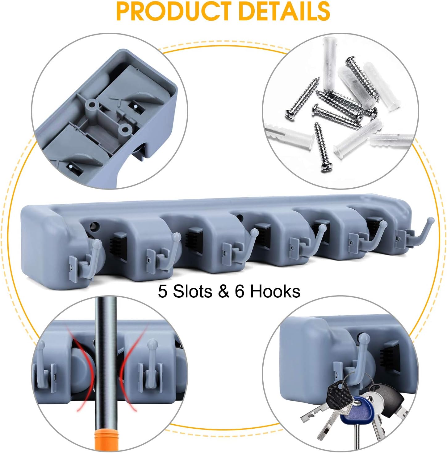 Mop Broom Holder Wall Mounted Kitchen Hanging Garage Utility Tool Organizers and Storage Rack For Commercial Bathroom Laundry Room Closet Gardening (Grey): Home Improvement