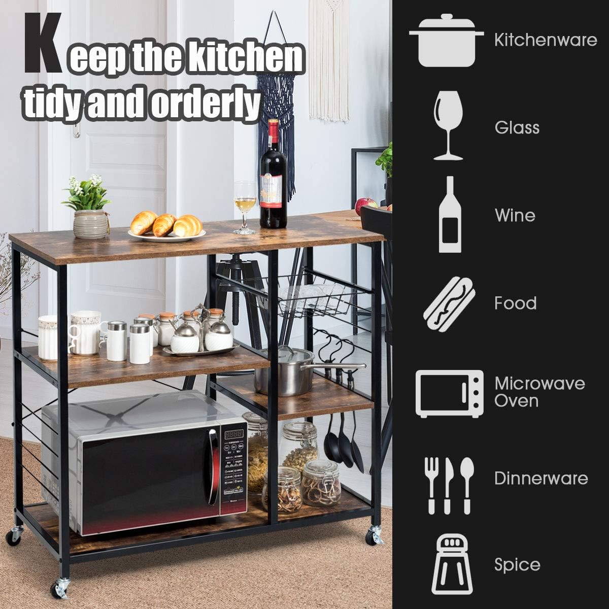Giantex Industrial Kitchen Baker's Rack with Lockable Universal Wheel, Microwave Oven Stand, Metal Frame, Utility Storage Shelf, Basket and Hooks, Easy Assembly (Brown) - Standing Baker's Racks