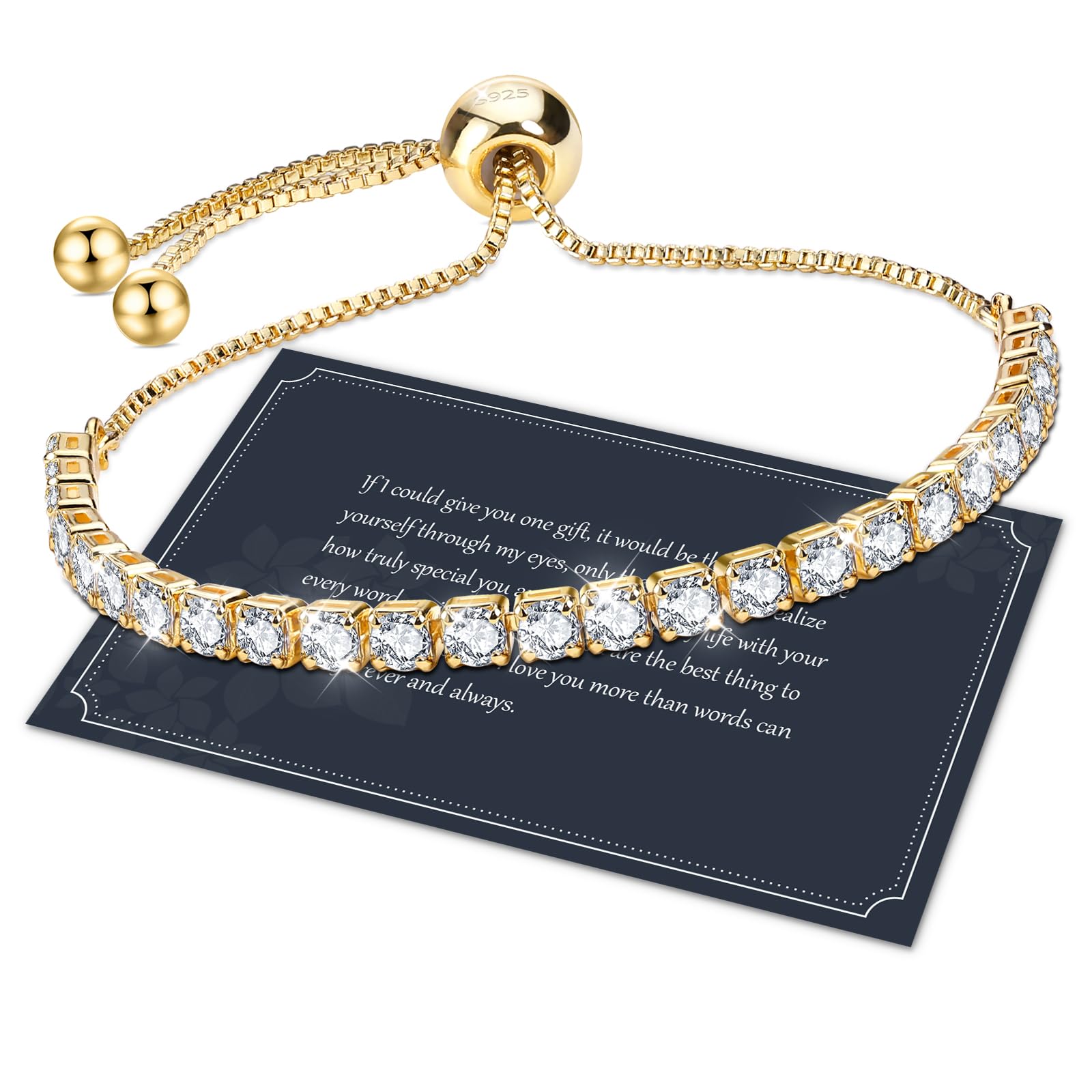 J.Fée Gold Bracelets for Womens Tennis Bracelet with 4MM Cubic Zircon Crystal Bracelet with Box,Adjustable Womens Jewellery,Gifts for Women Mothers Day Gifts For Mum
