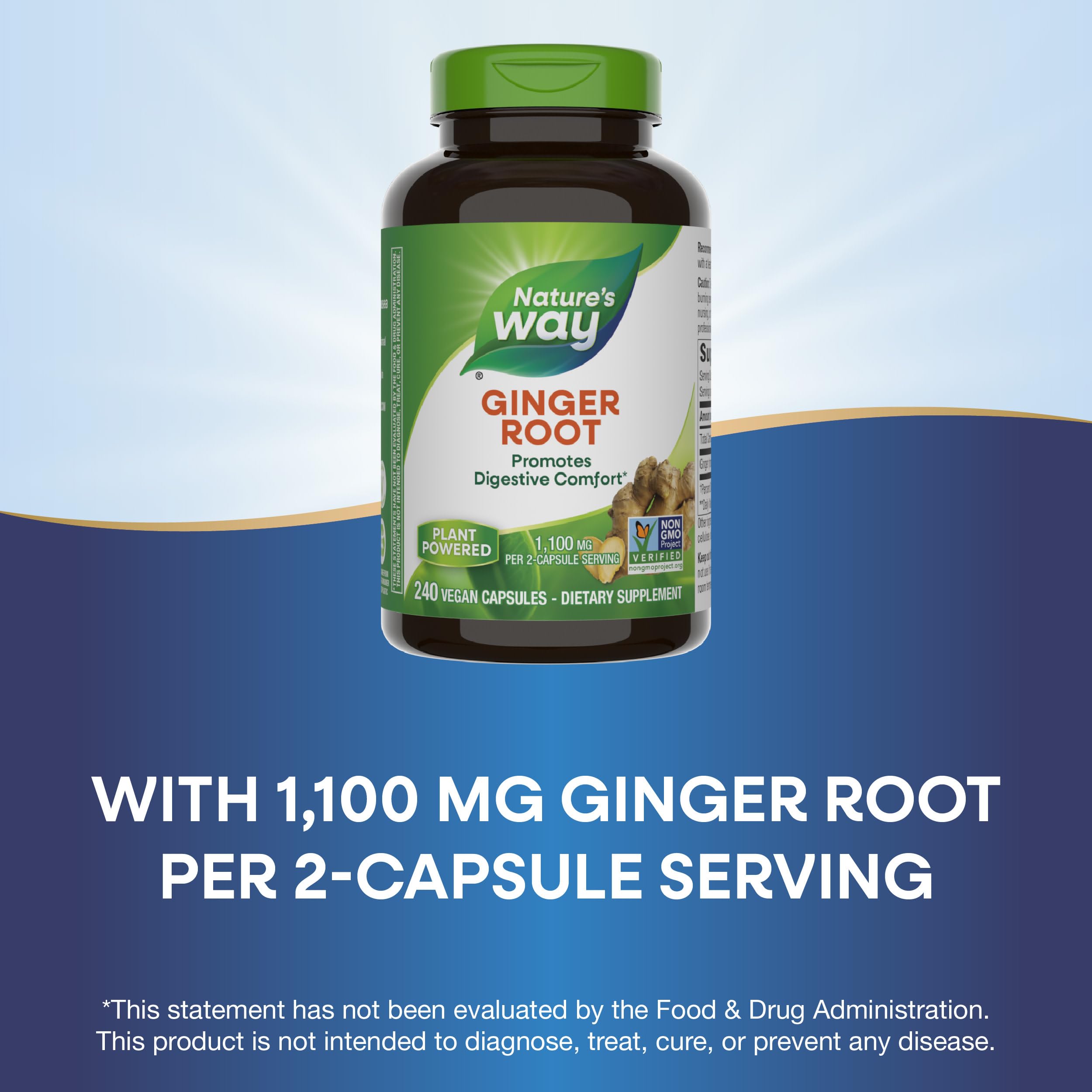 Nature's Way Ginger Root Capsules 550 mg per capsule, Digestive Comfort* Reduces Motion-Related Nausea*, 1,100 mg per 2 Capsules, Non-GMO Project Verified, Vegan, 240 Count (Packaging May Vary)