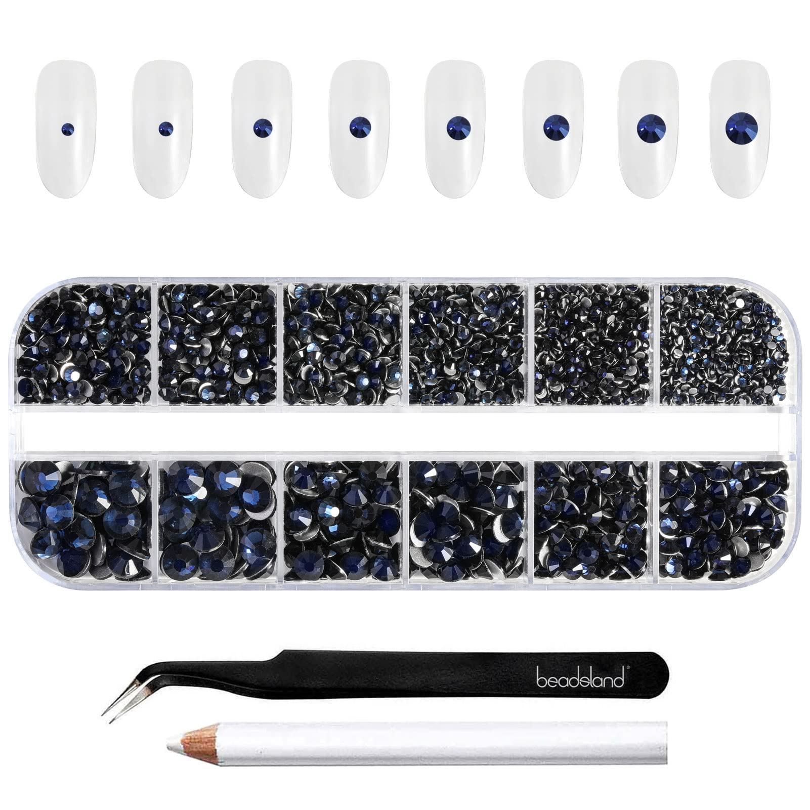 Beadsland Rhinestones for Makeup,8 sizes 2500pcs Navy Blue Flatback Rhinestones Eye Gems for Nails Crafts with Tweezers and Wax Pencil,Montana,SS4-SS30 — image 1