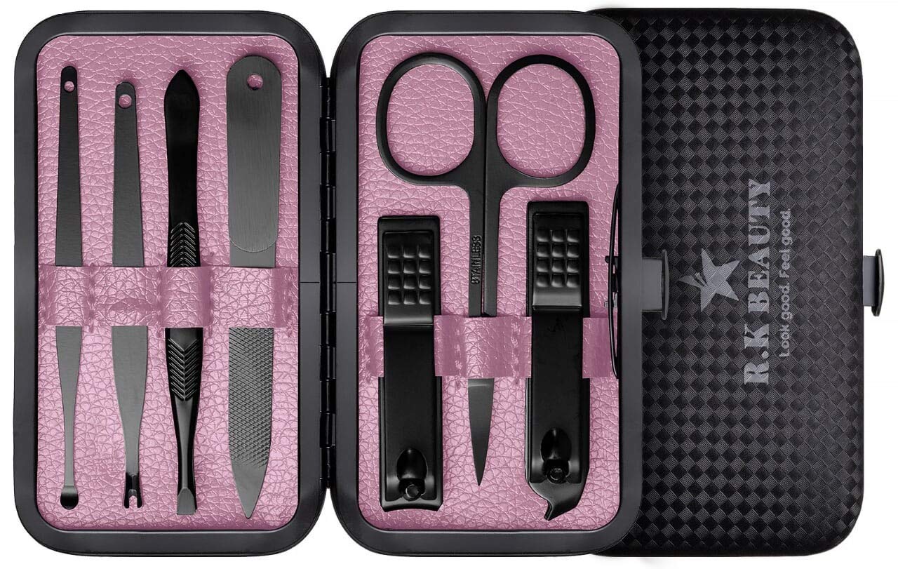 Rohans Manicure Sets 7Pcs for Men & Women, Fashion Professional Stainless Steel Nail Clippers Pedicure Kit Grooming Tools by RK Beauty (Pink)
