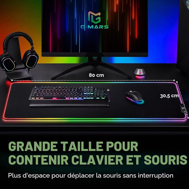 XXL Tapis de Souris RGB Gaming, Grand Tapis Souris avec 12 Modes d'Éclairage LED, Mouse Pad avec Tissu Micro-Tissé, Tapis Épaissi de 5 mm pour Gamer, Bureau,800 x 300mm