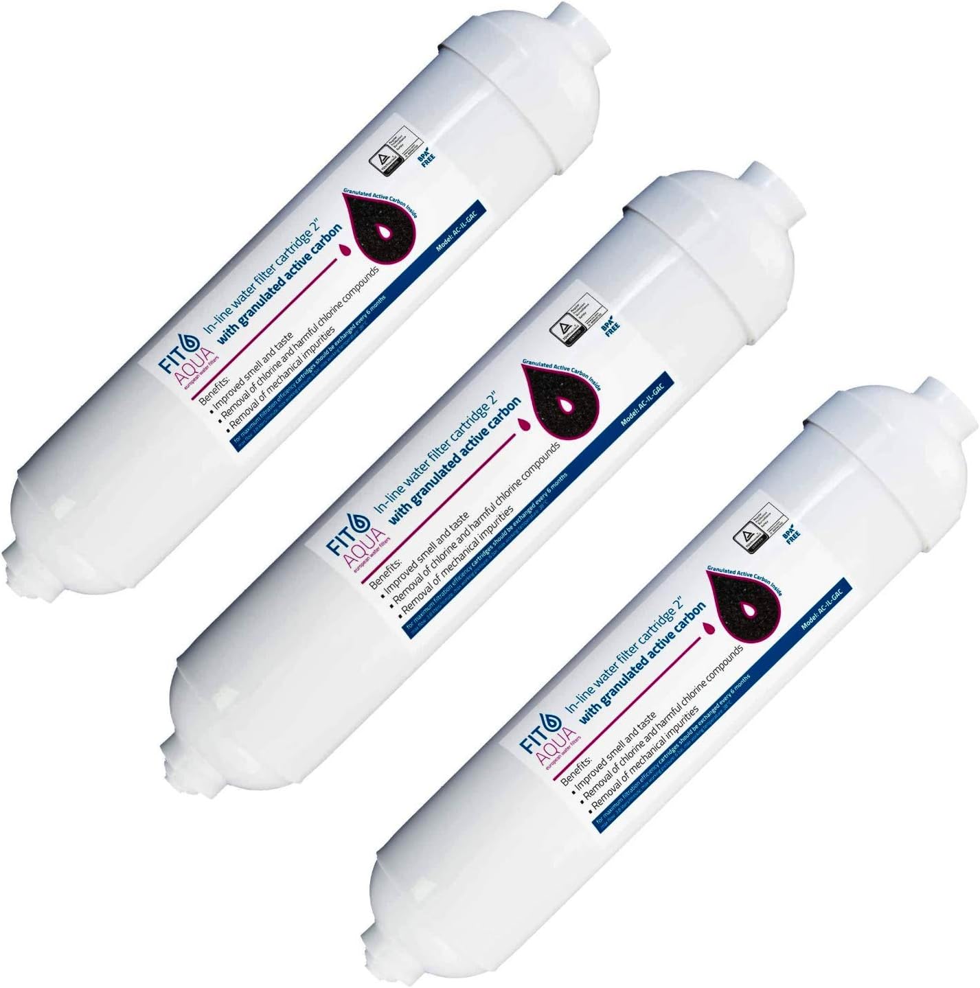 3 x Fitaqua Activated Carbon GAC Fridge Water Filter for 6 mm Hose, WSF-100, DD-7098 Fridge Hose and Fittings