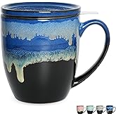 Bosmarlin Ceramic Tea Cup with Infuser and Lid, 16 Oz, 4 Color to Choose Dishwasher and Microwave Safe, Steeping Tea Mug with Strainer (Blue)