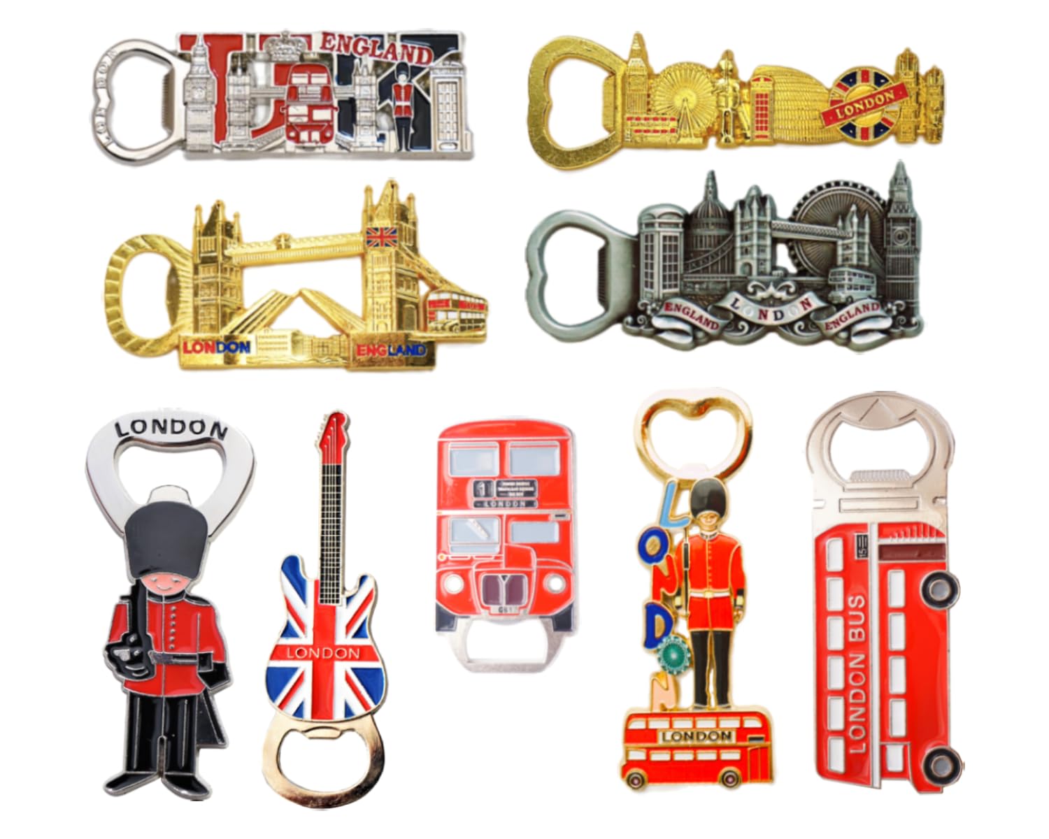 London UK England Famous Icons Mix Bottle Opener Fridge Magnets - Set of 9