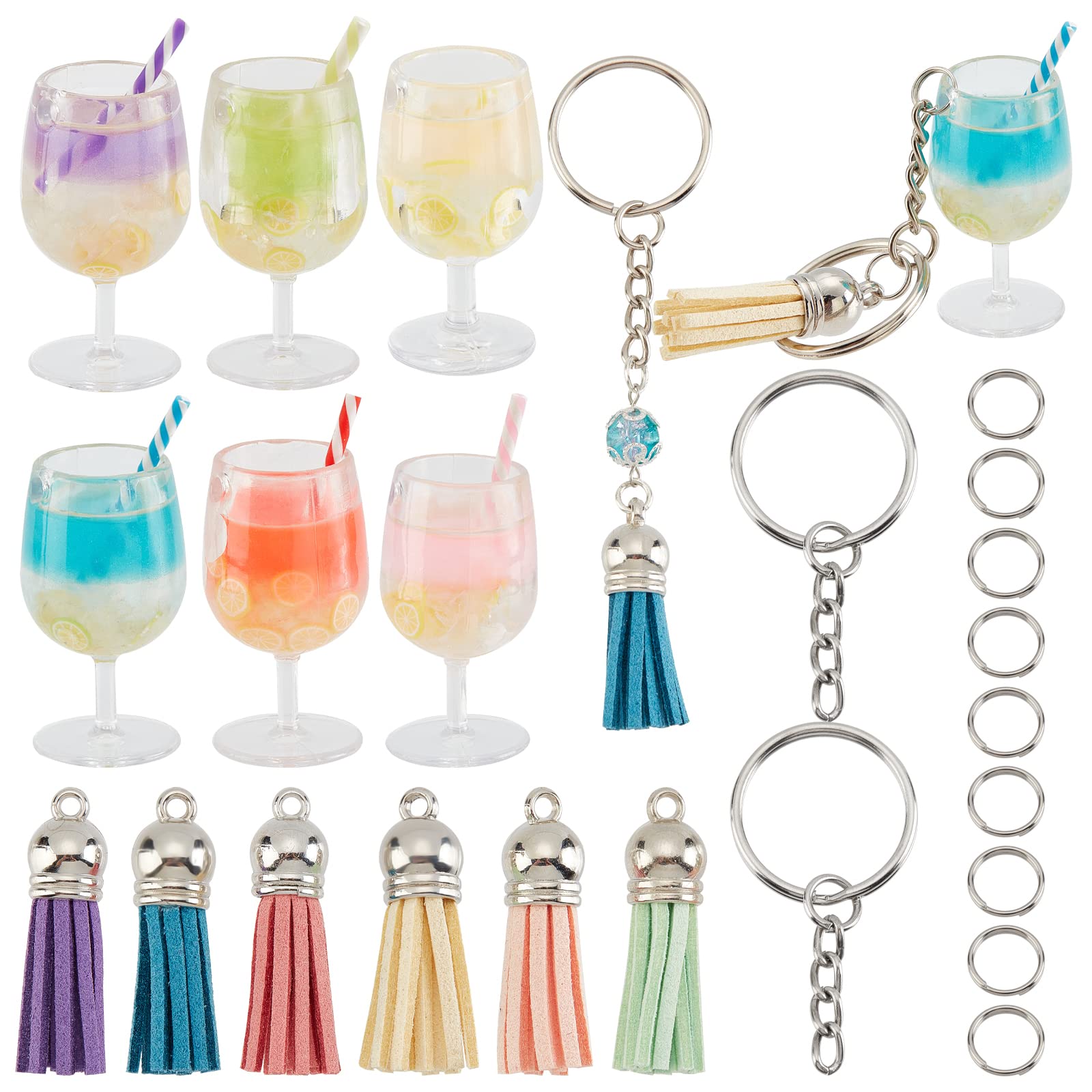 SUNNYCLUE 48Pcs 6 Styles Fruit Keychain Charms Key Chain Making Kits Acrylic Mini Bottle Cup Charm Tassel Charms Juice Tea Theme Ring with Chain for Jewellery Making Charms Crafts Supplies Women Gift — image 1