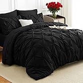 HIMEET Queen Comforter Set 7 Pieces Bed in A Bag Black Luxury Soft Queen Size Bed Set Pintuck Pinch Pleat Bedding Sets with Comforter, Flat Sheet, Fitted Sheet and Pillowcases & Shams