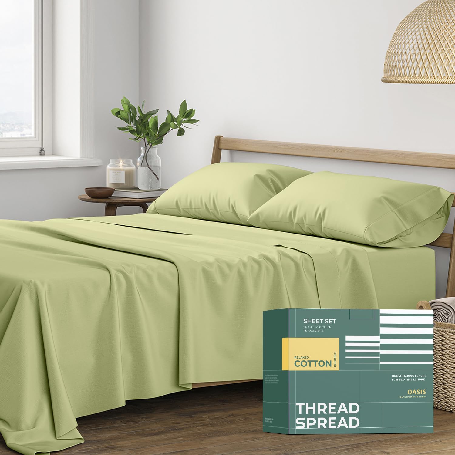 THREAD SPREAD 100% Organic Cotton Sheets Queen Size - 4 PC Organic Cotton Queen Percale Weave Sheet Set, Soft, Cooling, Crisp & Breathable, 16" Deep Pocket Hotel Quality Bedding Set - Sage Green