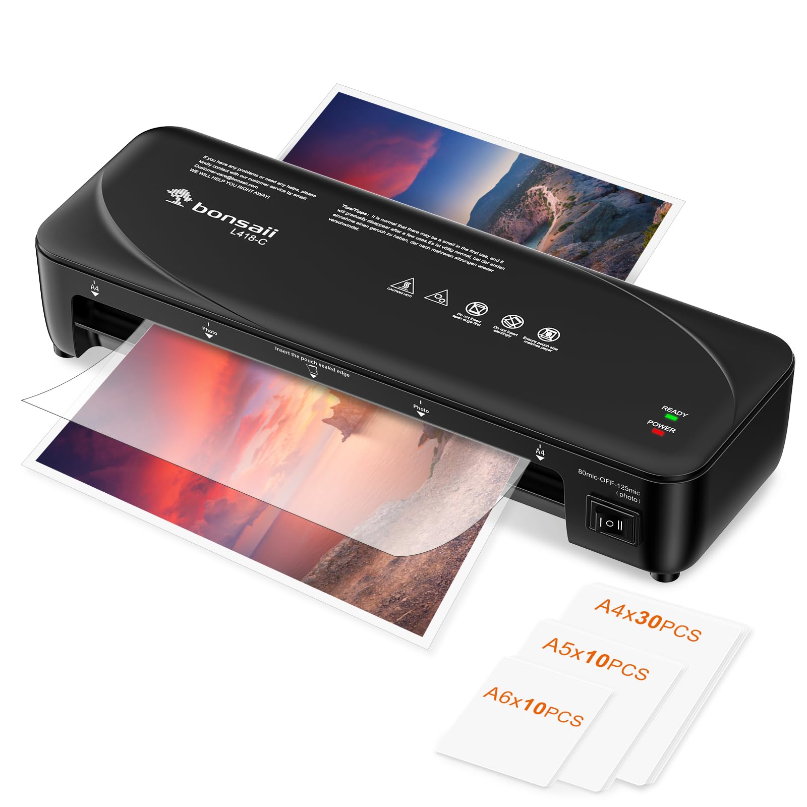 Bonsaii A4 Laminator Machine Set - Includes 50 Laminating Pouches (30xA4, 10xA5, 10xA6), with Never Jam Technology, Dual Heat Settings, High-Speed Laminating, Max A4 Size Width, Black, L418-C