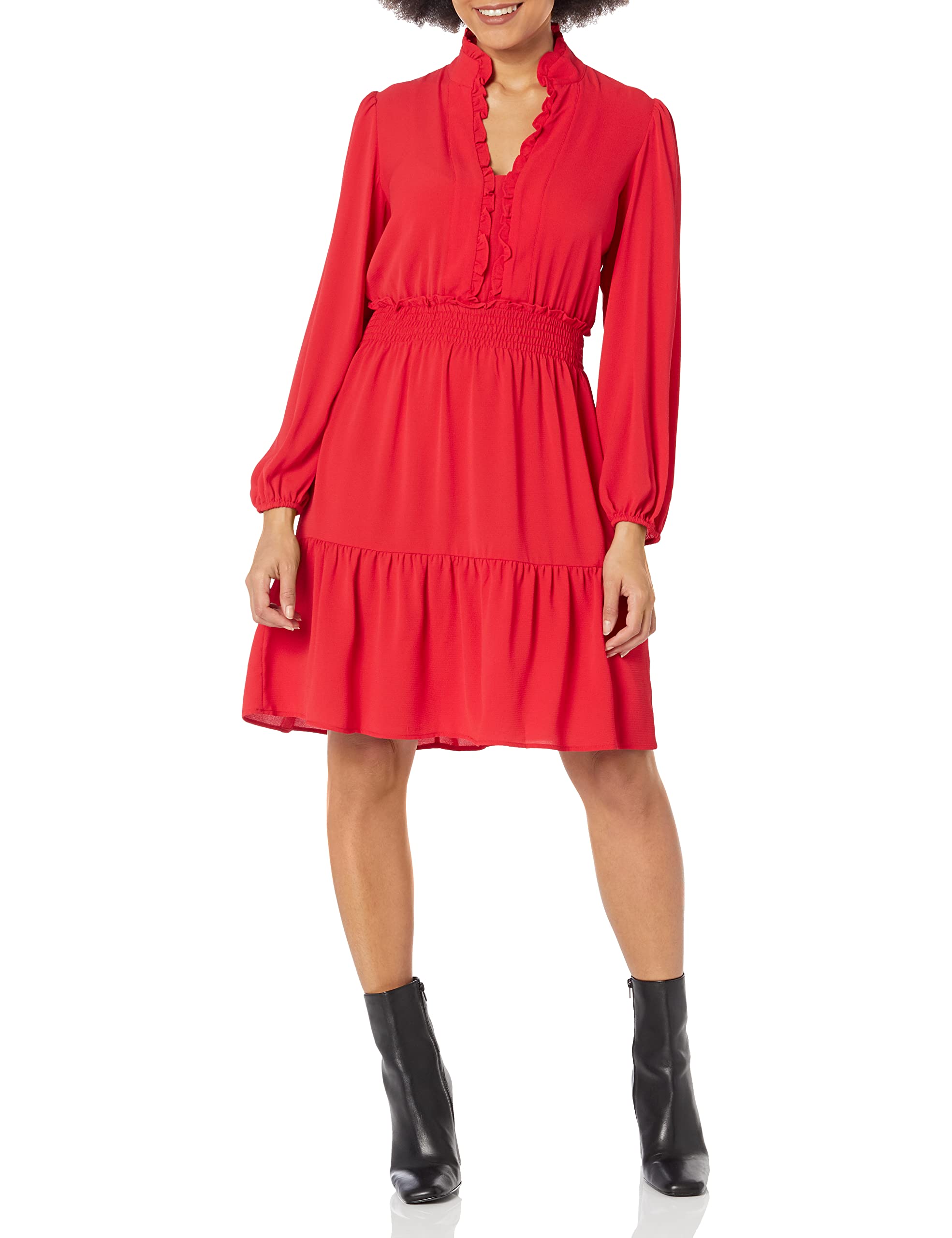 London Times Women’s Stand Collar Tiered Dress with Smocking and Ruffle Details, Cherry, 10