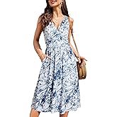 OUGES Women's Summer Spaghetti Strap V-Neck Floral Short Party Dress with Pockets