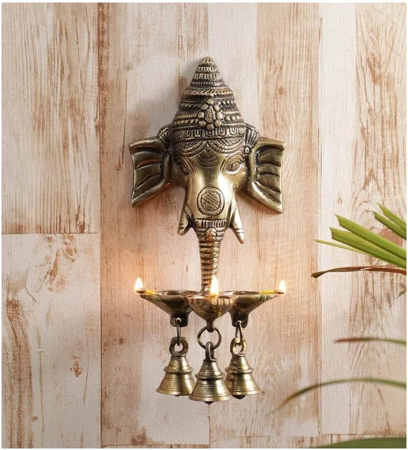 Oil Lamps & Accessories - NOBILITY Ganesha Brass Hanging Diya Statue with Bell Standard Ganesh Idol for Pooja Home Decorative Puja Diwali Wedding Return Gift Items