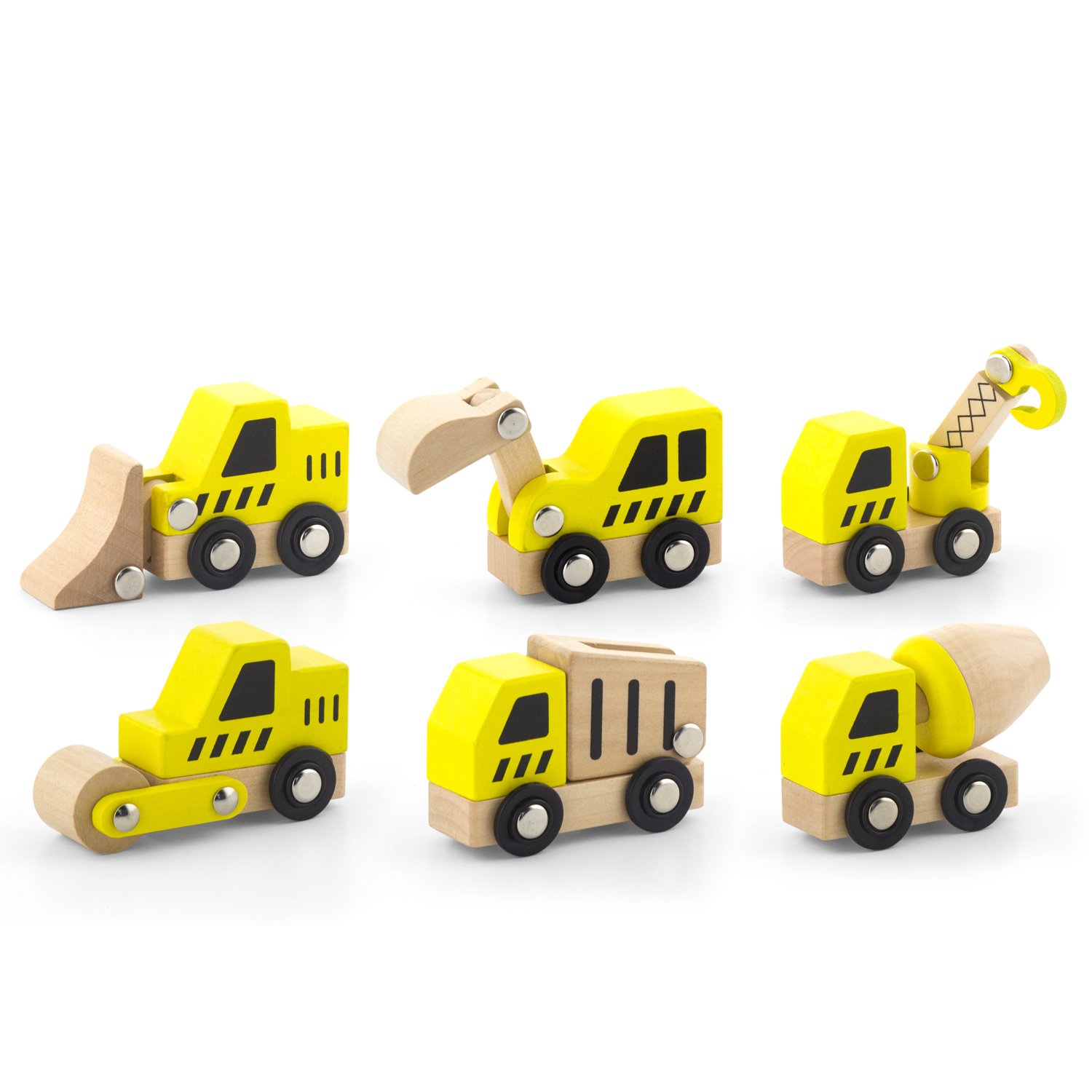 Viga 6 Wooden Construction Vehicles Set - Childrens Push Along Play Trucks