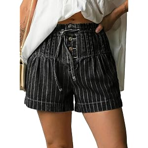 Astylish Women's High Waisted Shorts Jean Stretchy Casual Fashion Trendy Striped Button Front Denim Shorts