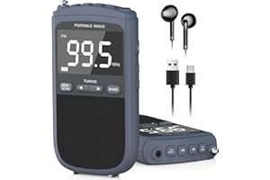 PBOCHI AM FM Radio Portable with 900mAh Rechargeable Battery, Pocket Radio with Best Reception, Small Radio Walkman, Built-in Alarm Clock and Sleep Timer, LCD Display, Preset Stations for The Elderly (Grey)