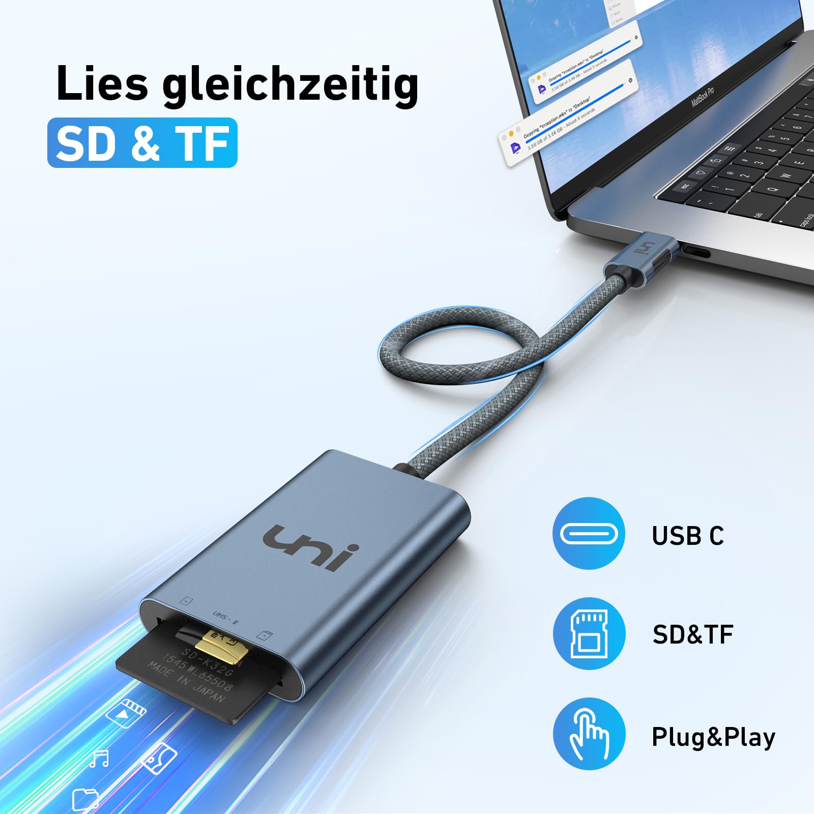 uni SD Kartenleser 312MB/S USB C 4.0 Kartenleser 2 IN 1, USB C Card Reader unterstützt UHS-II Lesen, kompatibel für iPhone 15 Pro Max, Galaxy S23, iPad Pro,MacBook Pro,Surface pro/Surface Book usw. 3