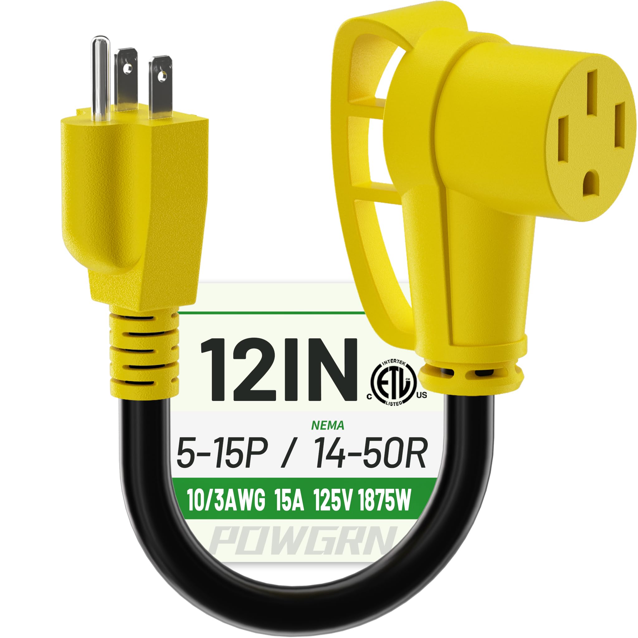 Photo 1 of POWGRN RV 50 Amp to 110 Adapter 12 inch, Heavy Duty 10/3 Gauge RV Electrical Adapter, NEMA 5-15P Male to NEMA 14-50R Female, STW 10AWG 15A 125V 1875W, Black-Yellow, ETL Listed
