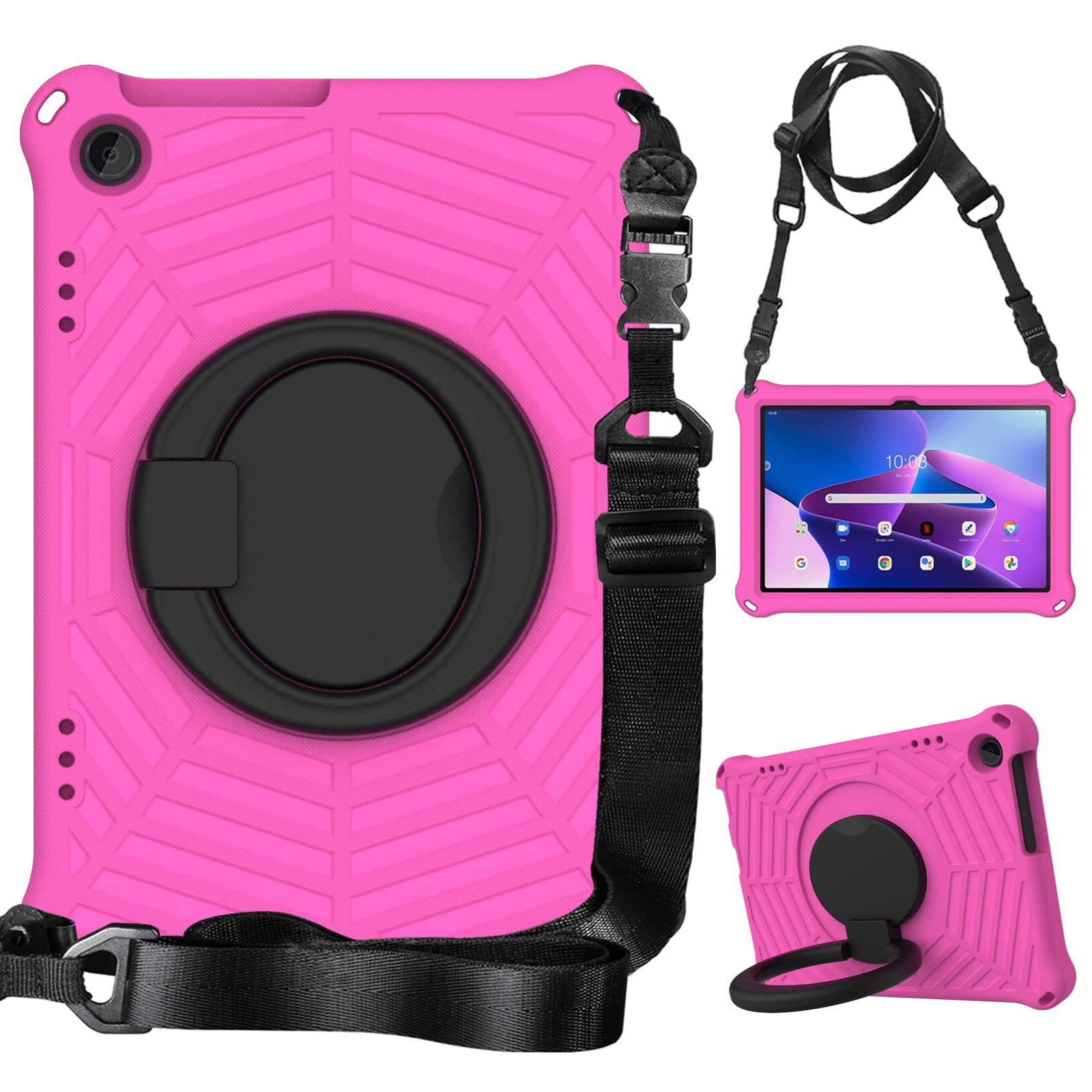 Case for Lenovo Tab M10 3rd Gen 10.1 inch 2022 Hangable Case for Kids |Heat Dissipation| Stand Shockproof Cover with Shoulder Strap for Lenovo M10 3rd Gen Tablet 2022 (TB-328F/TB-328X) Deep Pink