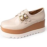 Women's Platform Oxford Shoes Classic Chunky Patent Leather PU Square Toe Wedges Casual Lace Up Sneakers