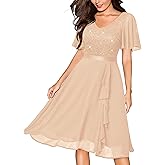 Miusol Women's Sequin Lace V Neck Ruffle Style Cocktail Party Chiffon A-line Dress