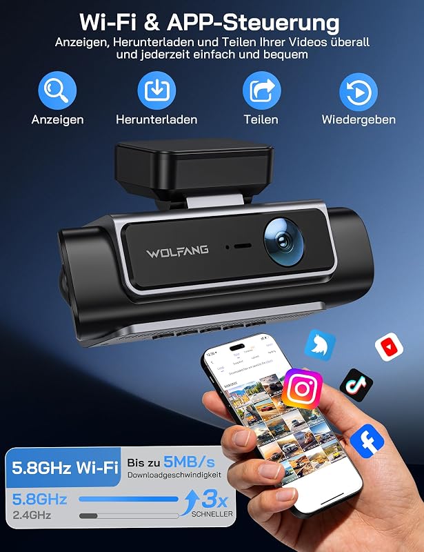 Dashcam, 4K 4-Kanal 5.8GHz WiFi Dash Cam, 360° Kamera für Auto