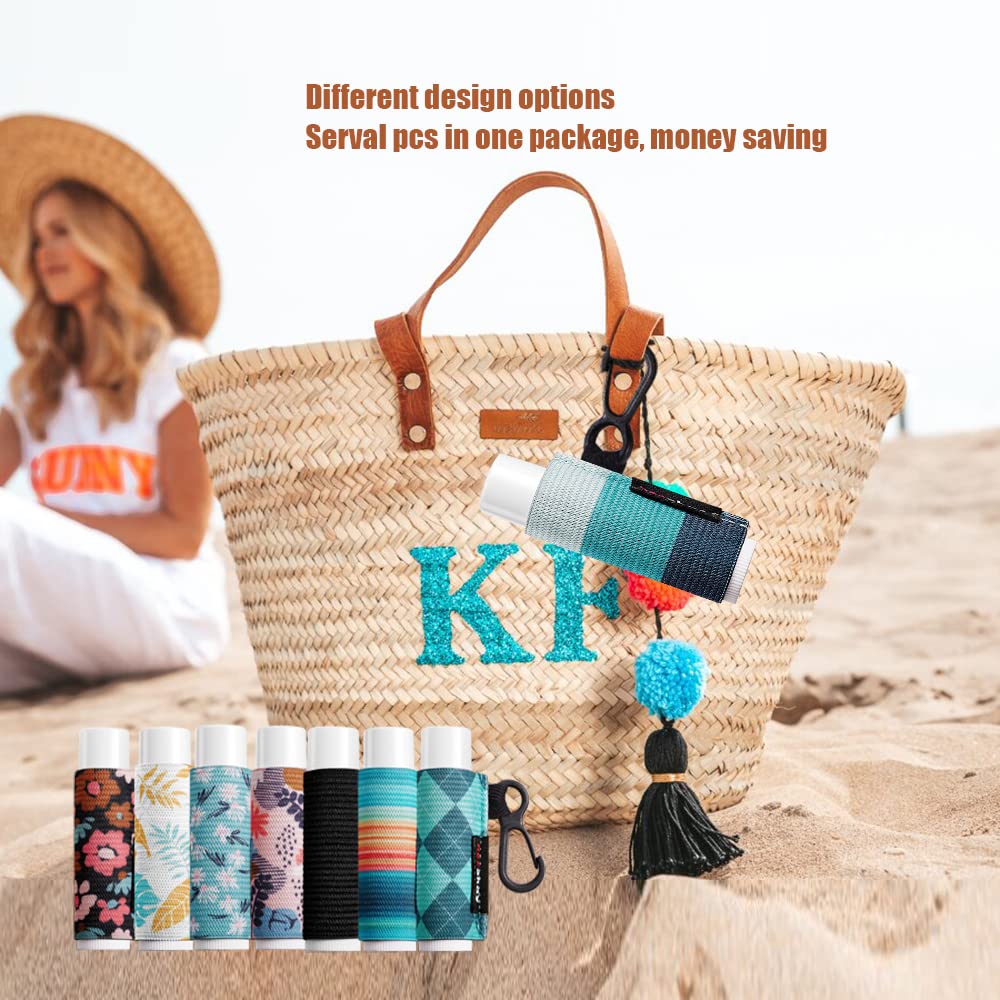 HEYSKAY 3PCS Lip Balm Holder Sleeves Keychain Chapstick Holder Keychain Lip Gloss Holder Keychain Chapstick Elastic Sleeves(Black/Color strip/Geometrical pattern)