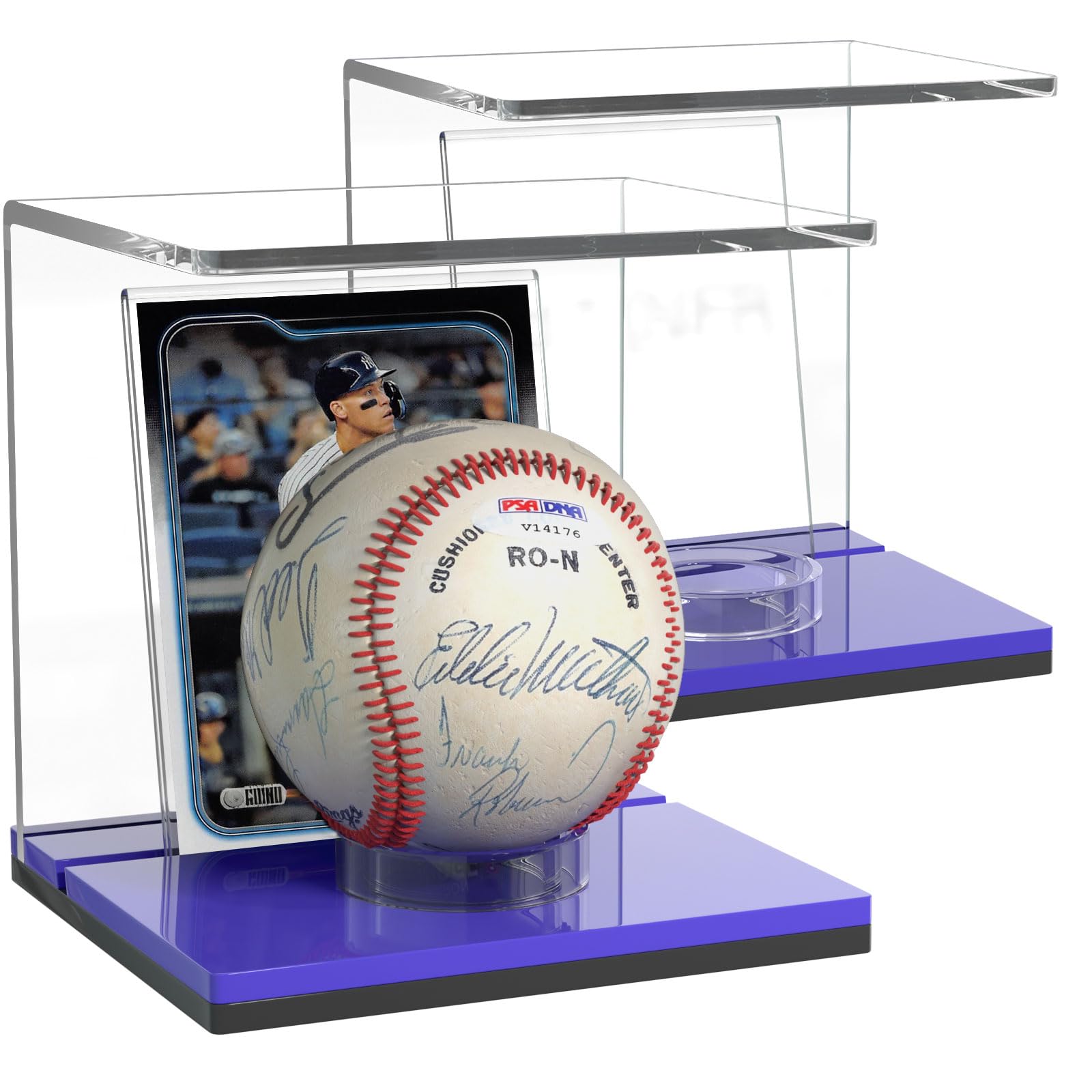 Photo 1 of FEMELI Baseball Case Display Holder: 2PCS Acrylic Clear Ball Box with Base/Card Slot-Memorabilia Showcase Autograph Softball Protector Stand (Blue)