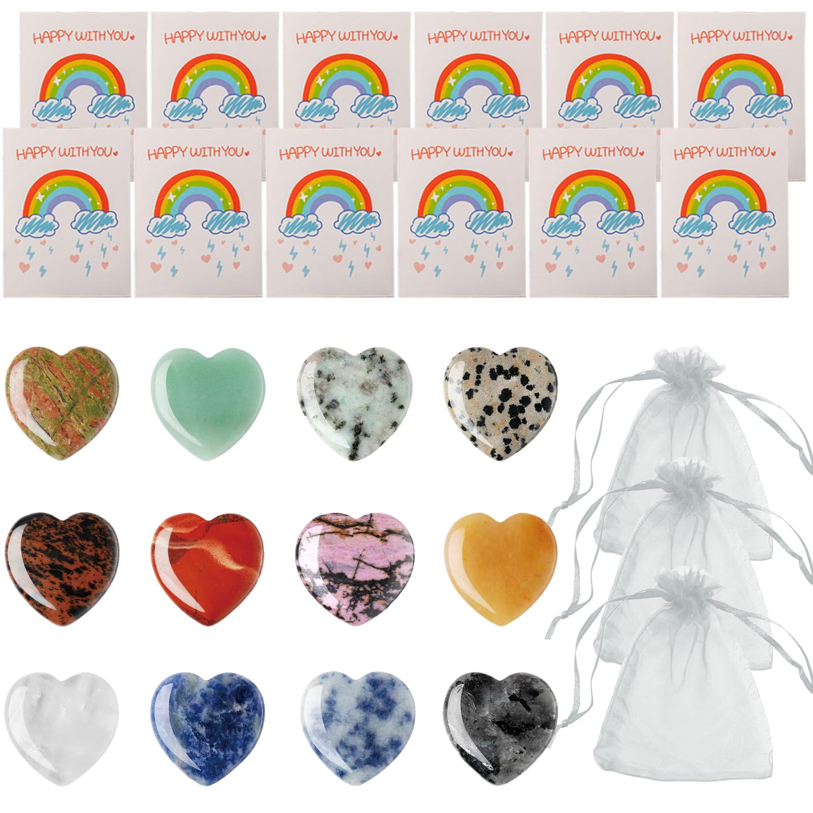 AYNKH 12-Piece Heart Lucky Stones for Kids – With 12 Rainbow Greeting Cards and 12 Organza Bags with Drawstrings | Good Luck Charms for Birthdays, Back-to-School and Holidays