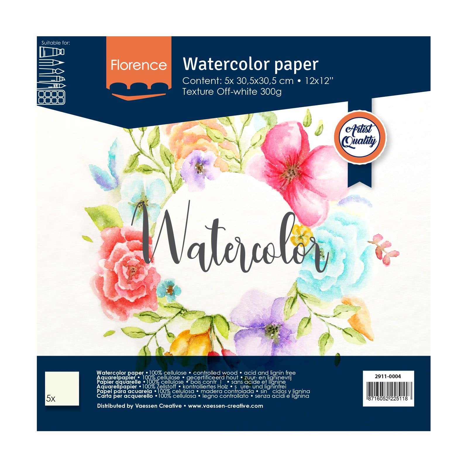 Vaessen Creative Florence Watercolour Paper 12x12 in Ivory, 300 GSM, Artist Grade Quality, Textured Surface, 5 Sheets for Scrapbooking, Painting, Handlettering, Art Projects, 12 x 12"