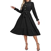 RuoRayVan Women's 2026 Spring Dresses Long Puff Sleeve Crew Neck A Line Elastic Wasit Embroidery Formal Casual Midi Dress