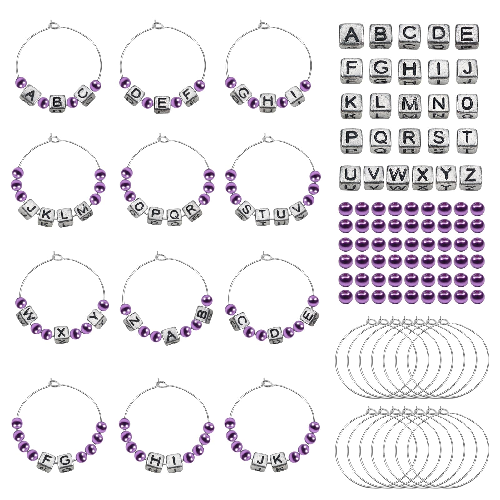 TOAOB 460pcs Wine Glass Charms Set Personalized Name Glass Markers 30mm Wine Charm Rings 6mm Acrylic A to Z Letter Beads and Purple Pearl Beads for DIY Jewellery