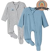Momcozy Unisex Baby Pajamas, Baby-Temp Monitoring Double Zipper Boy Girl Sleepers Rompers Footie, 2 Pack Light Weight Stretchy Viscose Derived from Bamboo Baby Jammies, 0-3 M, Blue Grey