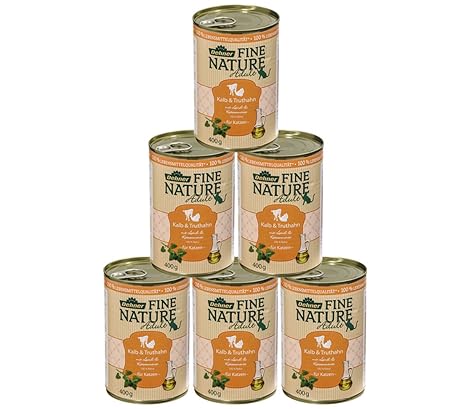 Dehner Fine Nature Katzenfutter Adult, Lebensmittelqualität, Kalb und Truthahn, 6 x 400 g (2400 g)